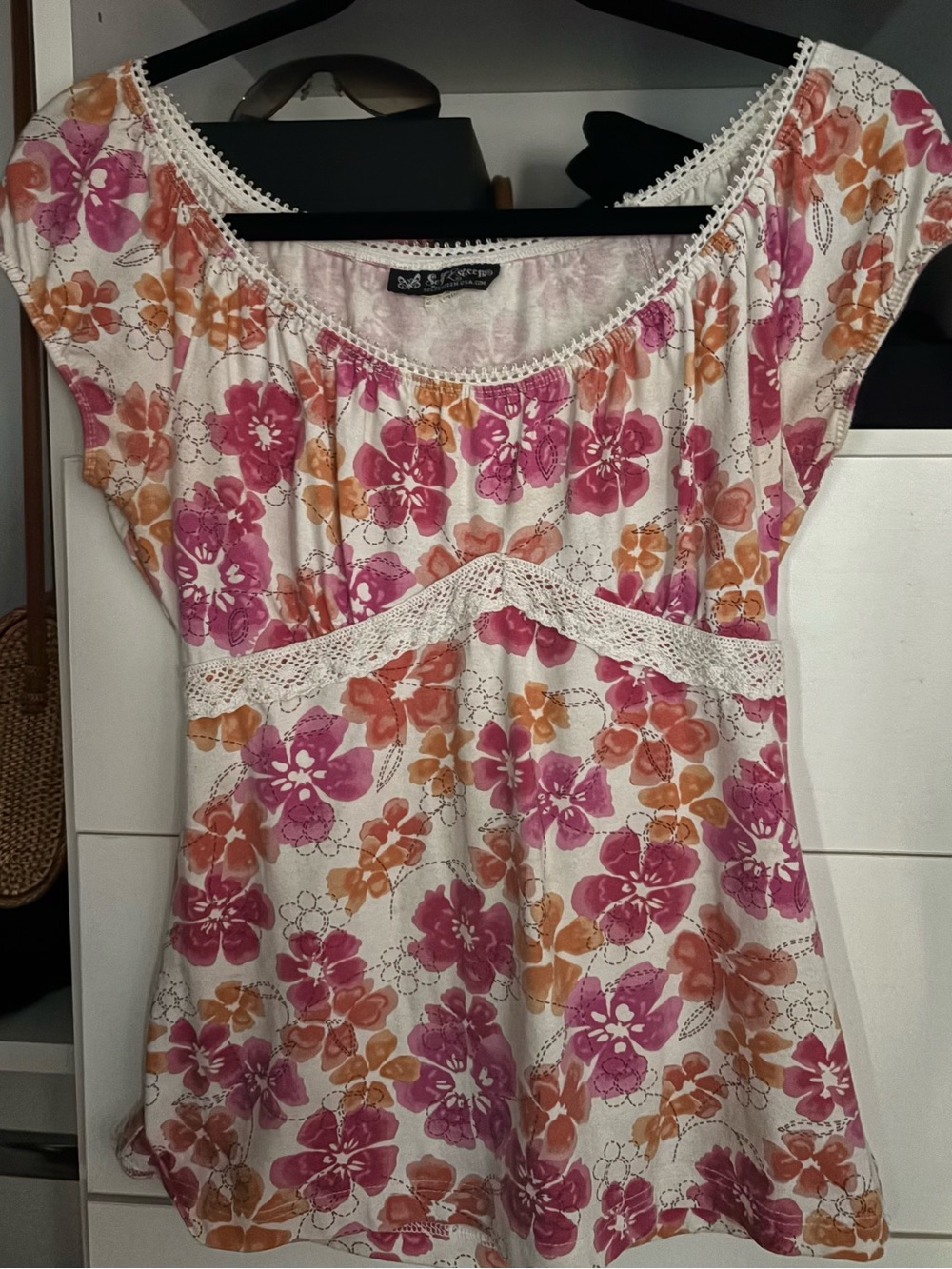 Self Esteem White Lace Trim Scoop Neck Babydoll top with Pink & Orange Floral